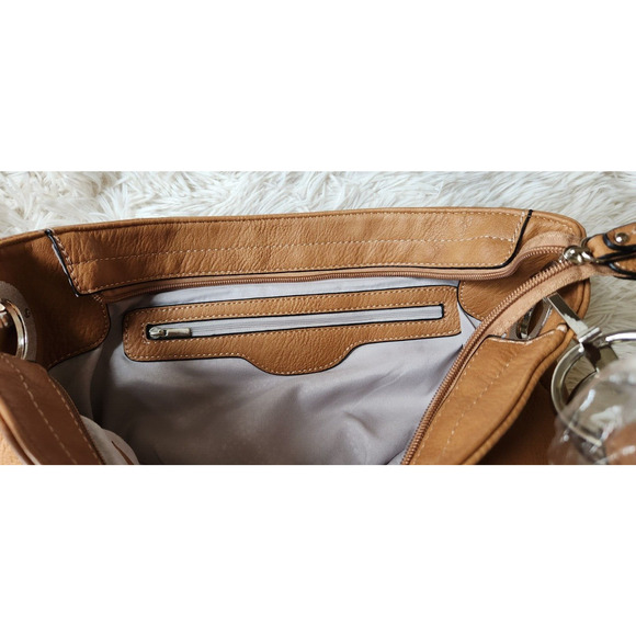 Alyssa Vegan Bucket Handbag 15x11x4” 3 Section Zip Closure Camel Tan 9" Drop - Picture 4 of 7